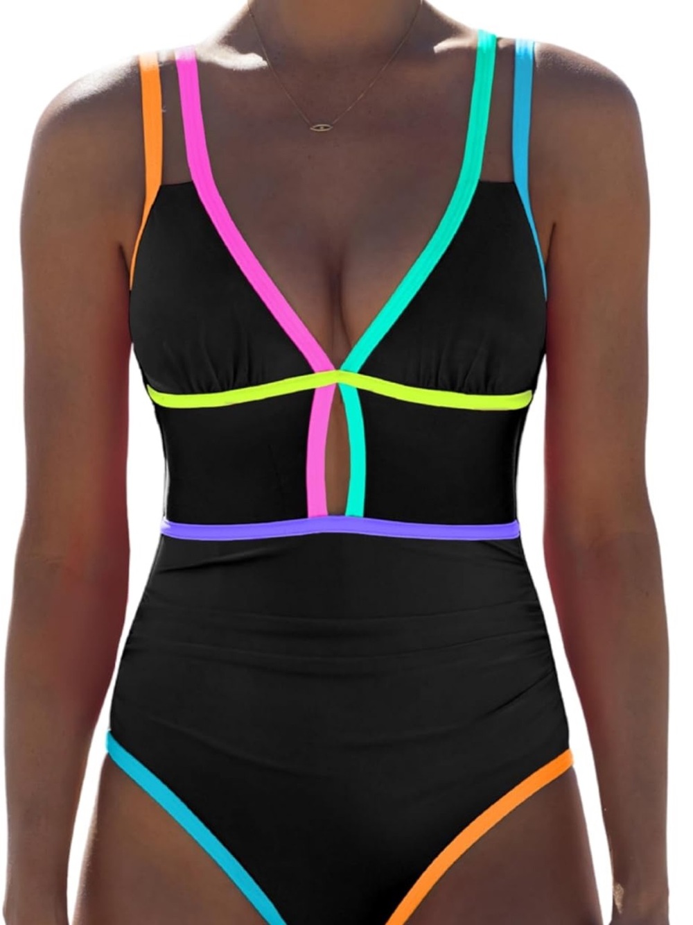 Popvil Black One-Piece Swimsuit with Neon Trim